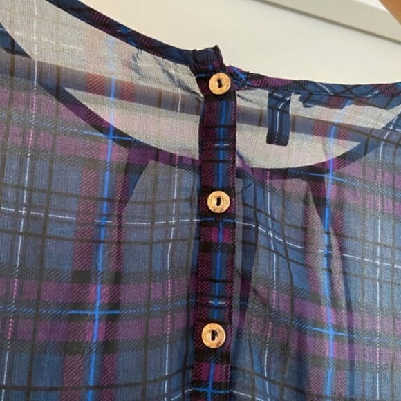 Kardashian Kollection Top M Sheer Plaid Lace Long Sleeve Purple Blue - Picture 4 of 9